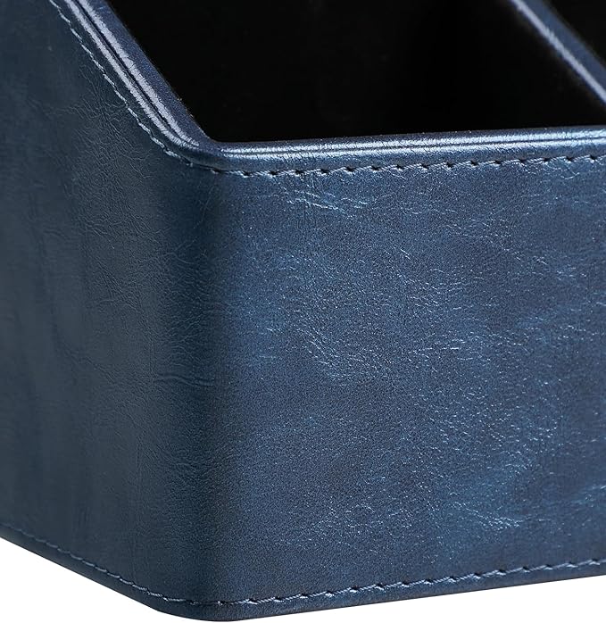 MEIBOOCH PU Leather Desk Organizer, Luxury Remote Control Holder for Home, Office Desk Accessories Table Caddy Bedside Nightstand Organizer (Dark Blue)
