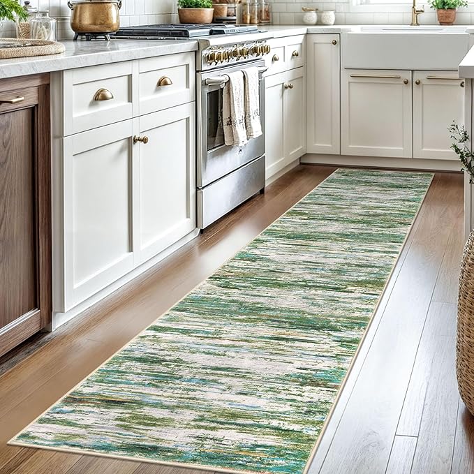 2x8 Modern Abstract Runner Rug for Hallways, Green Grey Multi Super Soft Hallway Decor Kitchen Rugs with Non-Slip, Non-Shedding Washable Rug for Entryway Bedroom Bathroom Laundry Indoor