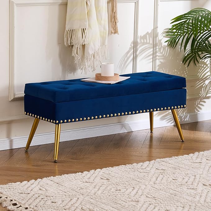 Velvet Storage Bench with Gold Legs& Nailhead Trim, 40" Wide Upholstered Modern Bedroom Bench for End of Bed, Tufted Ottoman for Entryway Living Room Dining Room (Navy Blue, 40" Wide)