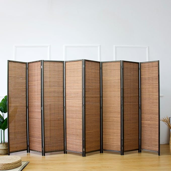 Furnnylane 8 Panel Bamboo Room Divider and Folding Panel Screen,Bamboo Panel Divider for Room Separation,Brown,67" H x 122.8" W