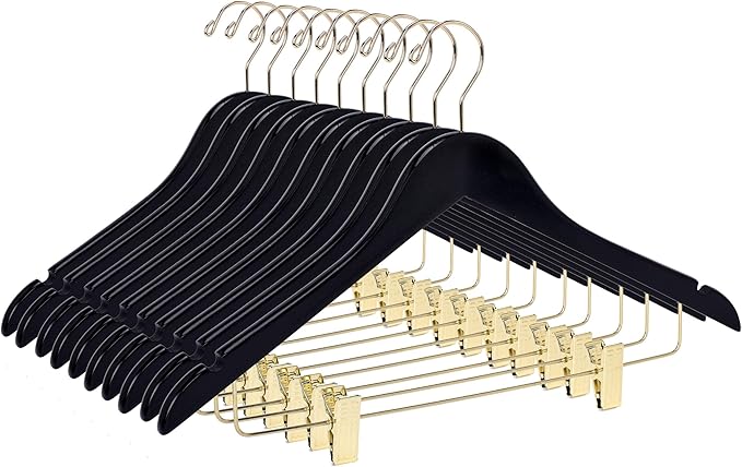 Quality Hangers Quality Wooden Skirt Hangers with Clips 80-Pack Black Pants Adjustable Gold Metal Clips, Swivel Hook, Coat, Jacket, Blouse Suit (Black - 80) 17.5''
