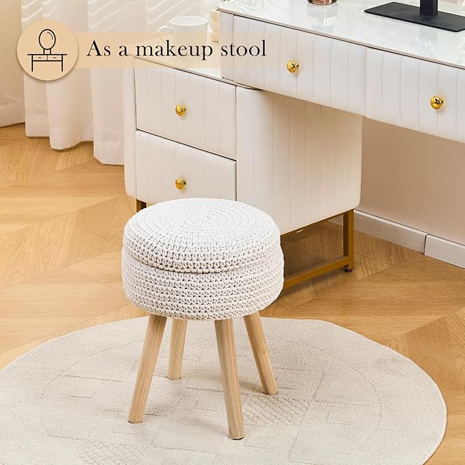 LGENHOOM Round Foot Stool Ottoman with Storage Footrest with Wood Legs Cotton Knitted Vanity Stool Tray Top Coffee Table Multifunctional Upholstered Footstool for Living Room Bedroom White