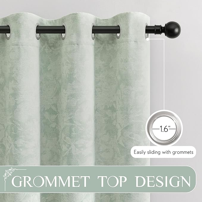 Beauoop Green Floral Jacquard Blackout Curtains 90 Inches Long 2 Panels for Bedroom Living Room Sage Flower Chenille Room Darkening Thermal Insulated Soundproof Grommet Window Treatments Drapes, 52x90