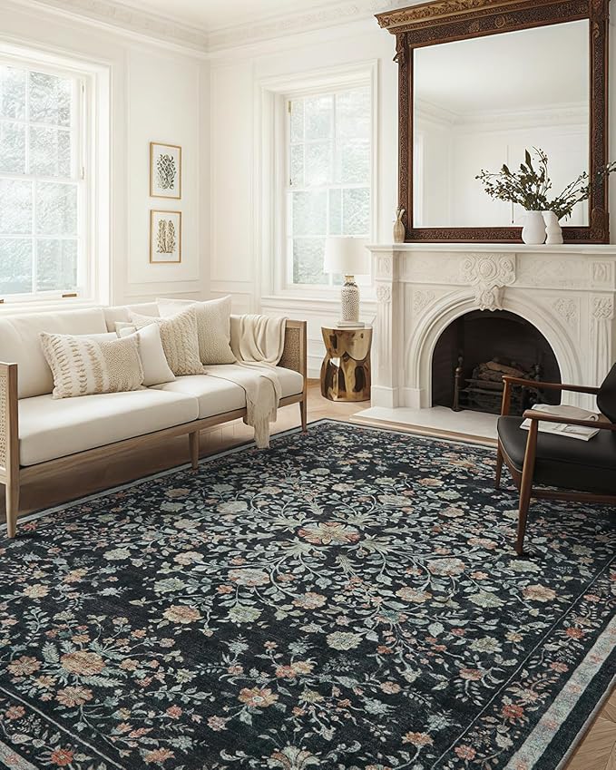 AMADA HOMEFURNISHING Area Rugs 9x12, Washable Floral Rug Non Slip Large Living Room Rug Vintage Distressed Soft Carpet for Bedroom, Dinning Room, Home Office