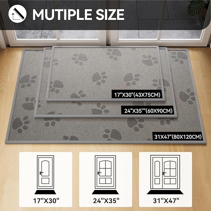 Door Mat Indoor Entrance 17"x30", 0.16" Thin Paw Print Low Pile Doormat, Non Slip Welcome Mat, Trap Dirt and Moisture, Easy Clean, Gray