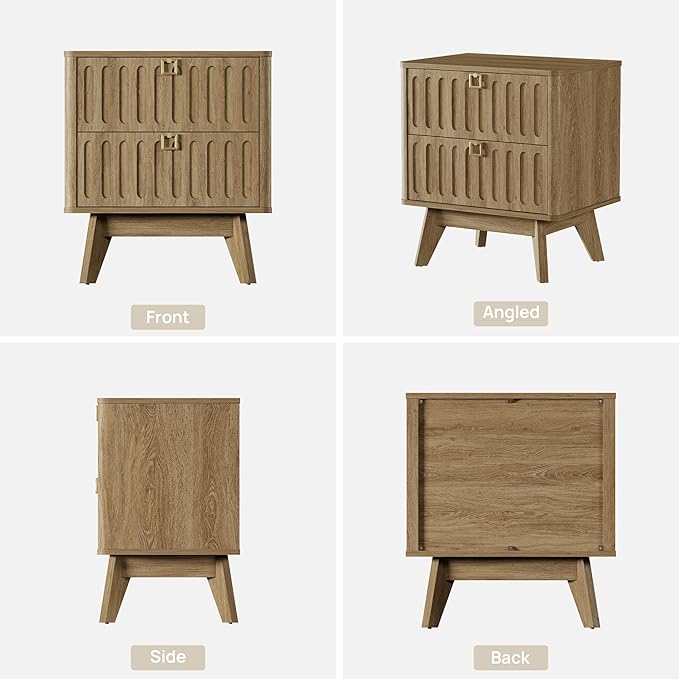 SICOTAS Nightstand Set of 2, Modern Bedside Tables with 2 Drawers, Stable Bedroom Nightstands with Textured Drawer Front and Gold Hardware for Bedroom, Apartment