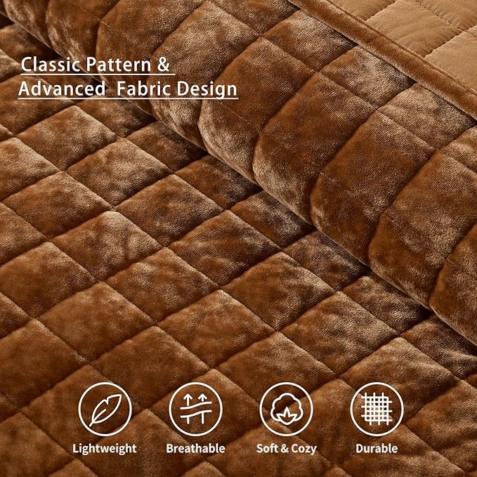 LEAONME Velvet Quilt Full/Queen Size-90''x98'', Lightweight Caramel Velvet Comforter Set with 2 Pillow Shams, Soft Bedspread Coverlet Quilted Bedding Set for All Season