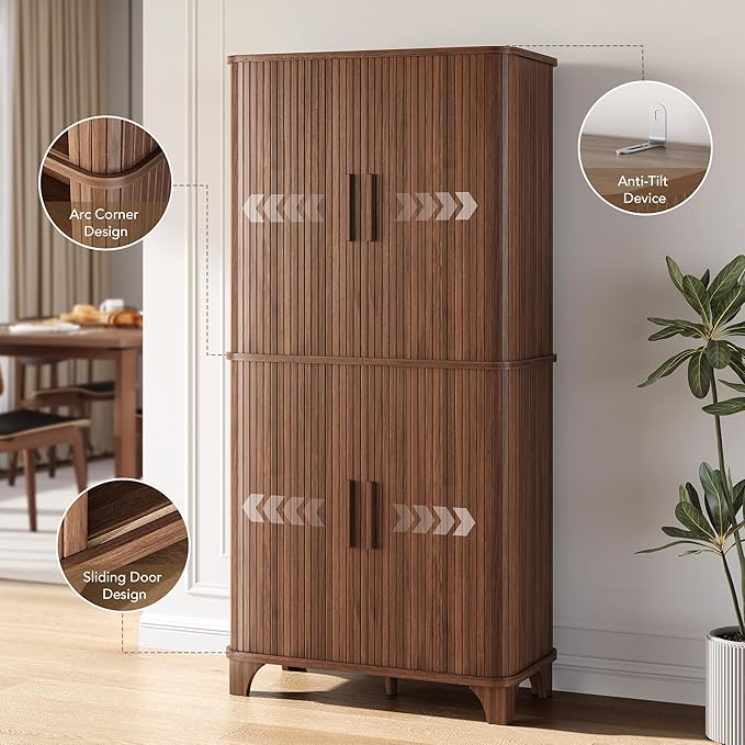 69" Tall Kitchen Pantry Storage Cabinet with Sliding Door, Modern Curved Edge Pantry Storage Cabinet with 5 Shelves, Cupboard for the Kitchen, Dining Room, Bedroom, Living Room, Office (Walnut)