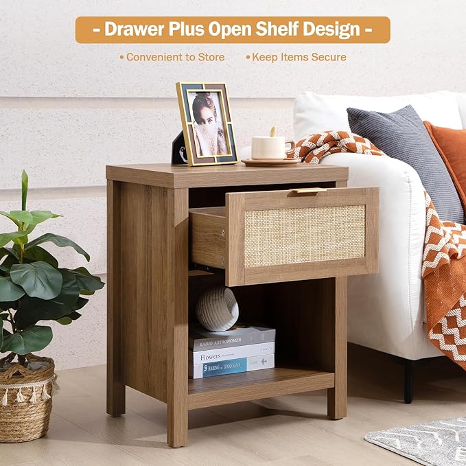 SICOTAS Rattan Nightstand - Farmhouse Night Stand with Drawer and Storage Shelf - Boho Bedside Table - End Side Table for Bedroom,Oak