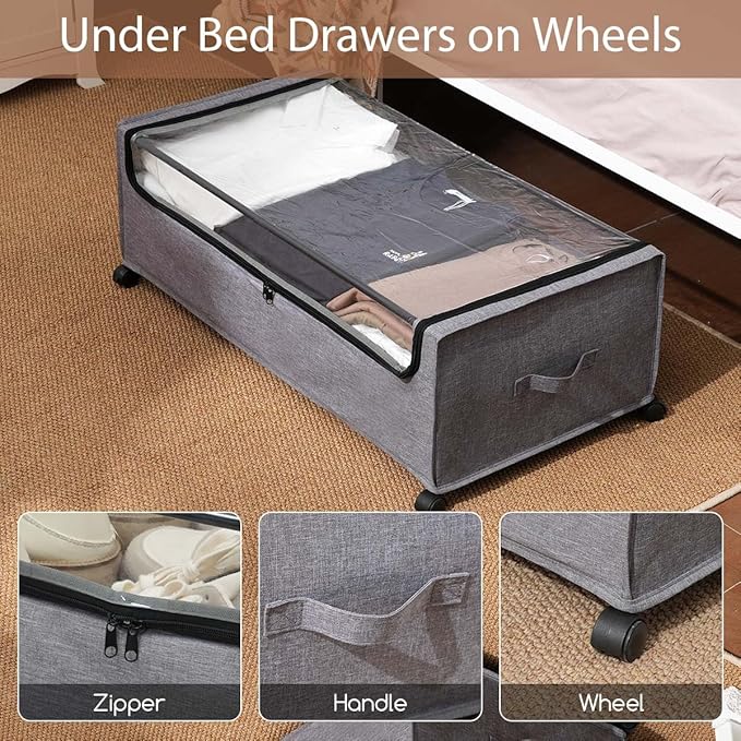 4-Packs Under Bed Storage with Wheels, Under The Bed Storage Drawers On Wheels, Rolling Underbed Drawers, Lockable, Heavy Duty, XXXXL Size 90L