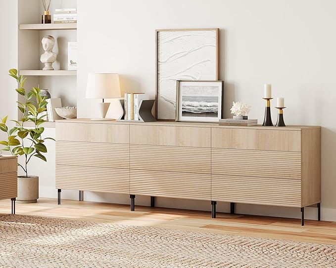 WAMPAT 94.5" W Fluted Dresser for Bedroom, Modern 9 Drawer Dresser TV Stand with Hidden Handles, Wooden Chest of Drawers Closet Clothes Storage Organizer for Bedroom, Living Room, Beige