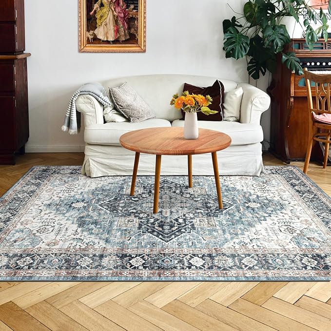 Area Rug 4×6, Vintage Boho Rug,Ultra-Soft Low Pile, Washable, Non Slip,Stain Resistant Printed Carpet for Living Room Bedrooms Playroom Office Kitchen, Blue/Navy