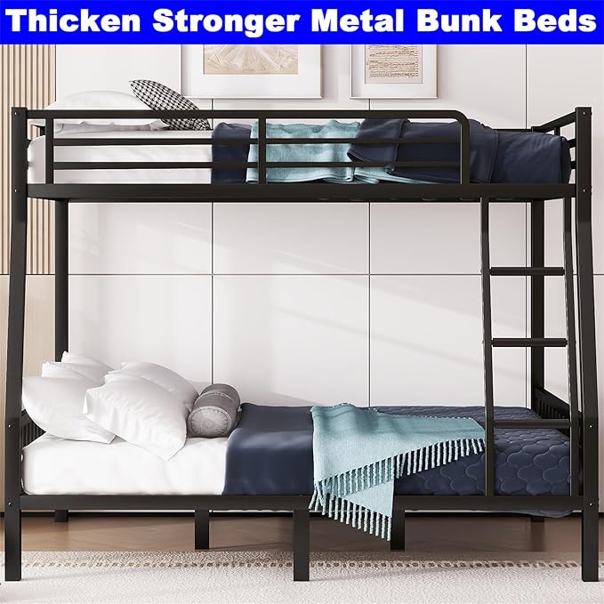 Upgraded Version Thicken Metal Heavy-Duty Full Over Queen Bunk Bed, Best Modern Style Stronger Full XL Over Queen Size Bunk Bed with Ladder for Adults, Easy Assembly (Queen-1 Ladder)