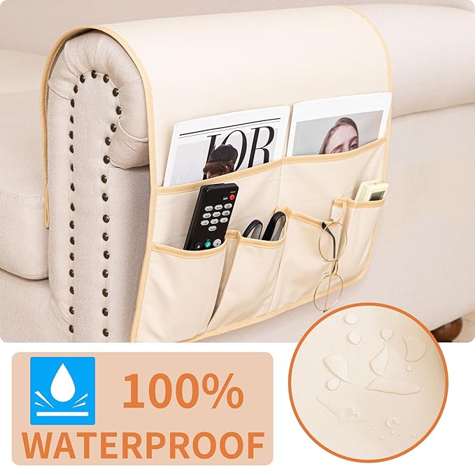 HAOMAIJIA Anti Slip Sofa Armrest Organizer Arm Chair Bedside Caddy Storage Organizer For Recliner Couch With 6 Pockets For Cell Phone Tv Remote Control (Beige, 31.89 inches × 18.5 inches)