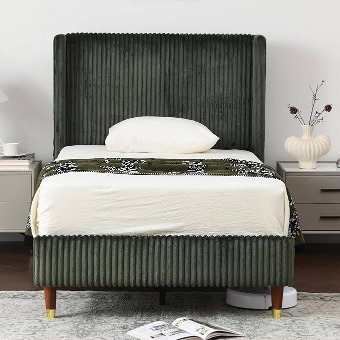PINJU Twin Size Bed Frame, Upholstered Platform Bed with Modern Vertical Striped Wingback Headboard with Wooden Slats, Easy to Assemble No Noise Free (Green, Twin)