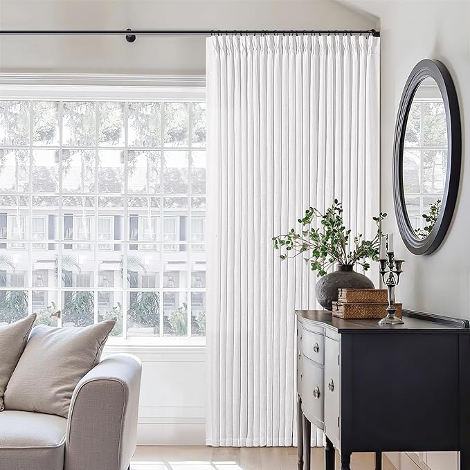 Extra Long Pinch Pleated Linen 120 Inch Curtains 2 Panels Set for Living Room Bedroom Farmhouse Snow White Cotton Linen Blend Back Tab Memory Shape Pinch Pleat Ceiling Floor Window Curtains 10 FT