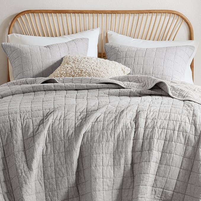 Hyde Lane Luxury Linen Quilt Set Queen Size, Organic European Flax Cotton Blend Bedding for Bedspread and Coverlet, Box Stitched, with 2 Pillow Shams, 90"x96", Grey