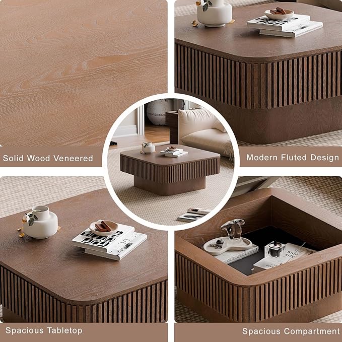 Square Small Coffee Table with Storage, Modern Wooden Coffee Table with Solid Wood Veneered, Fluted Center Table Drum Tea Table for Living Room Apartment, 31.5''L×31.5''W×14''H