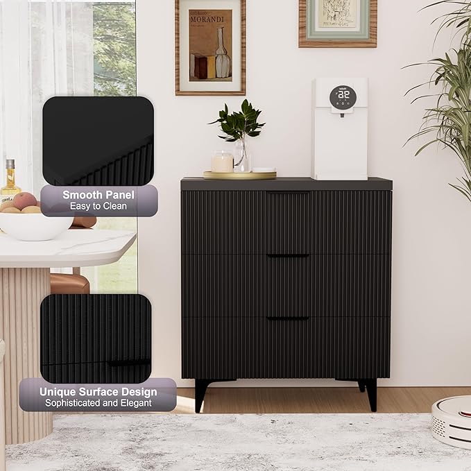 Royal Windsor Fluted Nightstand with 3 Drawers, Side End Table, Accent Storage Cabinet,Modern Night Stand Bedside Table for Bedroom,Black