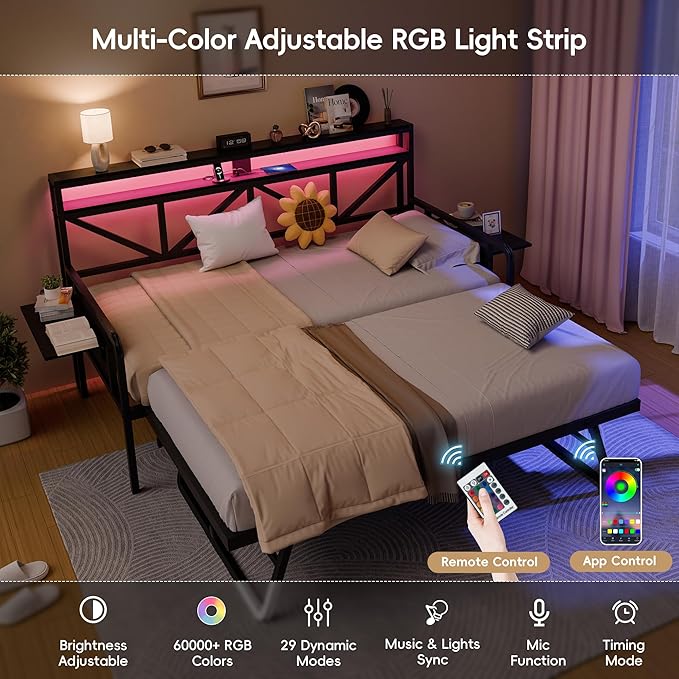 Daybed with Trundle, Heavy Duty Metal Twin Bed Frame with LED Lights & 2-Tier Storage Shelves, Sofa Day Bed with Charging Station & Tabletop for Living Room, Bedroom, Guest Room (Black)