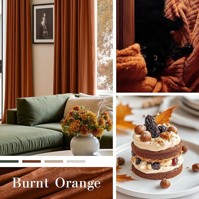 Lazzzy Velvet Blackout Curtains Thermal Insulated Room Window Drapes Super Soft Luxury Curtains for Living Room Bedroom Rod Pocket 2 Panels, Burnt Orange, 52" W x 84" L