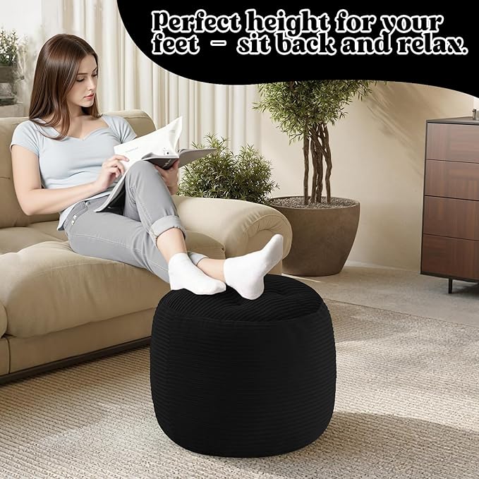 MeMoreCool Stuffed Round Pouf Ottoman Foot Rest, Floor Pouf Foot Stool with Soft Foam Chunk Filling, Round Small Ottoman Footstool Circle Footrest for Couch Living Room, Corduroy Black