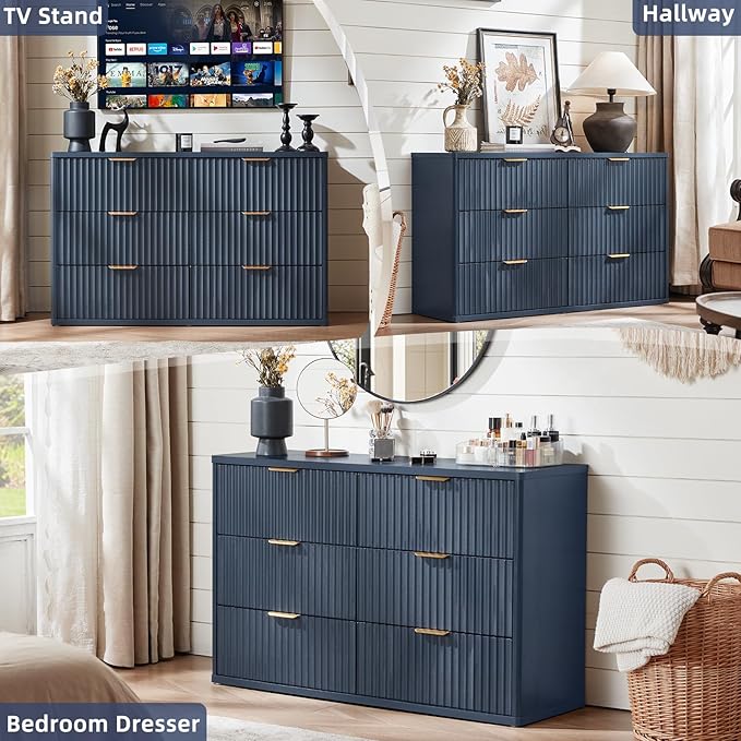 LEYAOYAO Fluted 5 Drawers Dresser Set of 2, 41" Tall Modern Chest of Drawers with Metal Handle, Curved Profile Dresser TV Stand, Wooden Drawer Organizer for Bedroom, Living Room, Hallway, Lightgrey