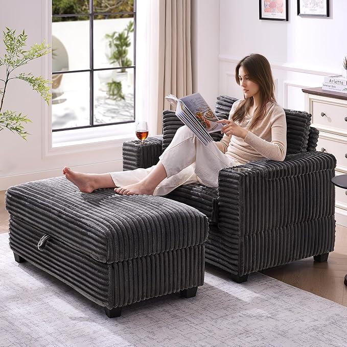 ONBRILL Corduroy Oversized Chair with Ottoman, 44" Wide Armchair with Cup Holders & USB Port, Reading Chair w/Storage Armrest, Easy Assembly, Comfy Single Sofa Bed for Living Room, Apartment, Grey