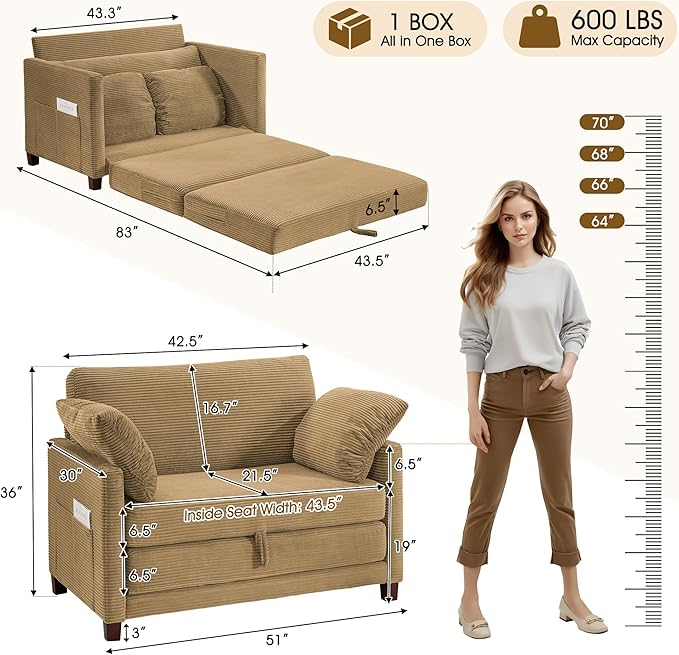 51" Loveseat Sleeper Sofa Bed, Corduroy Convertible Floor Sofa Bed for Small Spaces, Folding Couch Bed with Deep Seat, 2 Pillows & Solid Frame, Pull Out Floor Couch for Living Room, Brown