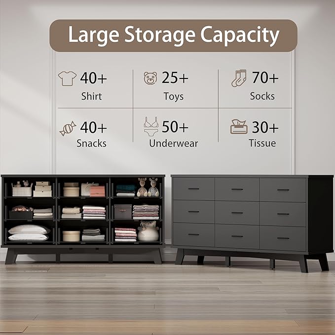 Dresser for Bedroom, Wide Wood 9 Drawer Modern Chest of Drawers with X-Shaped Sturdy Base, Double Dresser Closet Clothes Storage Organizer, Wooden TV Stand for Living Room, Hallway, Black