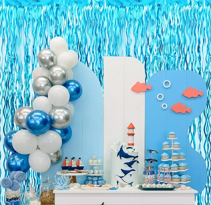 Goer Metallic Tinsel Foil Fringe Curtains for Party Photo Backdrop Wedding Decor (3 Pcs,Wavy Light Blue)