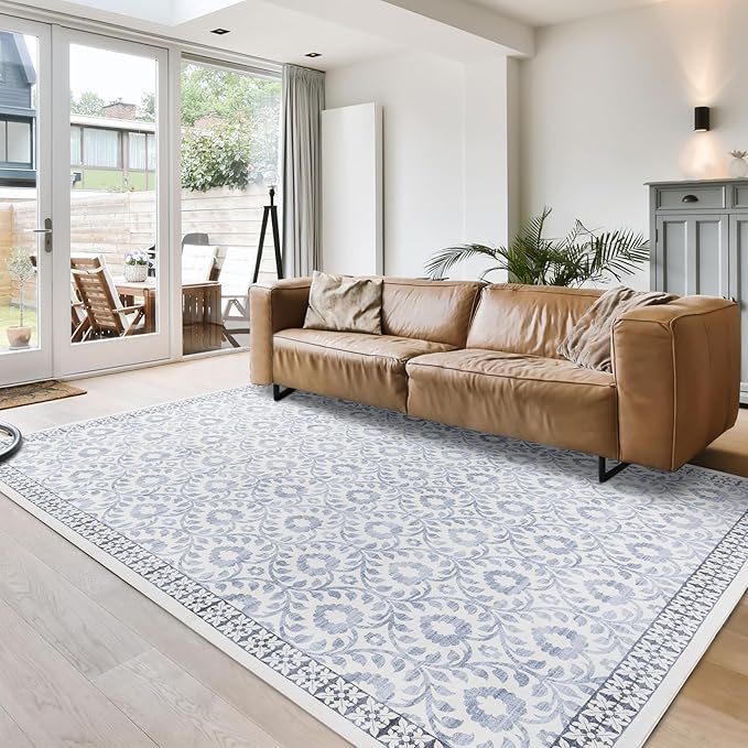Gertmenian Indoor Boho Area Rug | Home Decor for Entryway, Bedroom, Living Room, Office, Kitchen | Non Slip, Soft, Printed Accent Rugs | Esme, Blue, 8x10 Large, 24562