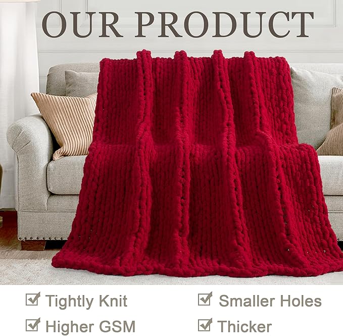 Chunky Knit Throw Blanket 50"X 60", 100% Handmade with Soft Chenille Yarn, 4.4lbs Thick Cable Knitted Blankets, Large Rope Knot Crochet Throws for Couch Sofa Bed Home Decor, Red