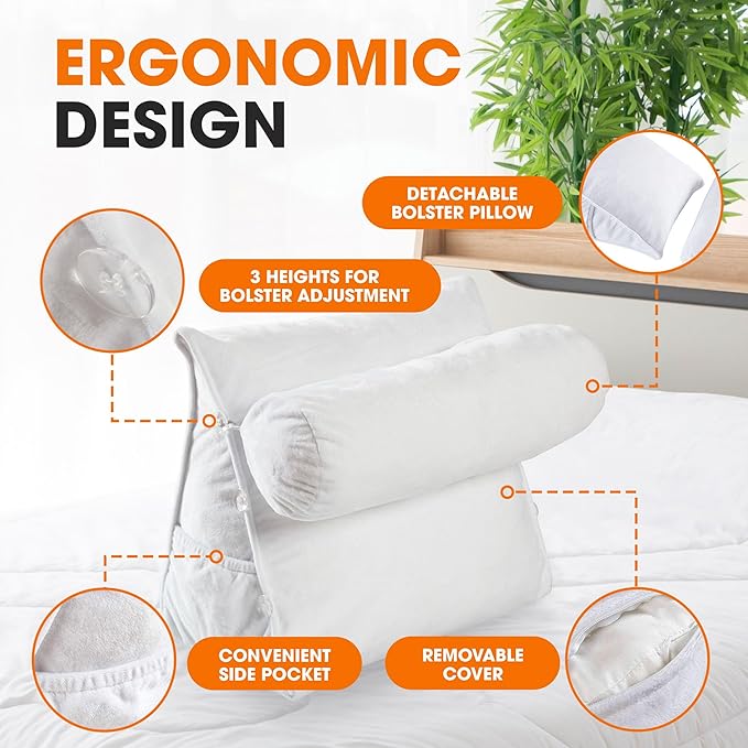 Cheer Collection Reading Wedge Pillow - Adjustable Wedge Reading Pillow with Neck Support, Hollow Fiber-Filled Backrest Pillow for Reading, Gaming, and TV Watching, White
