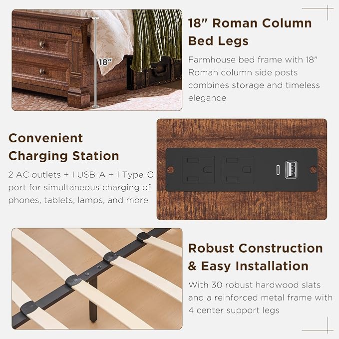 Farmhouse King Size Bed Frame with 54" Tall Storage Bookcase Headboard, Wood Platform Bed Frame with 18" Tall Roman Column Decoration Footboard & 2 Drawers, No Box Spring Needed(Reclaimed Barnwood)