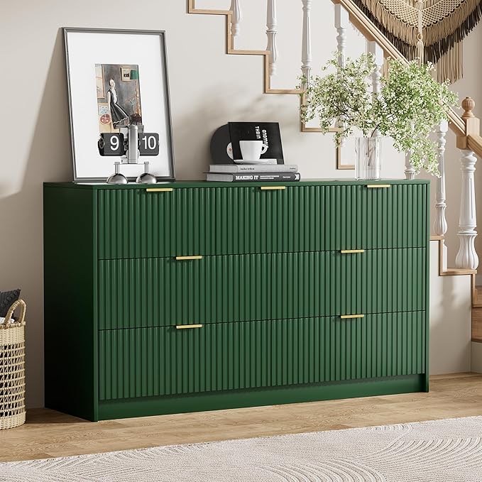 Green Dresser for Bedroom, Modern Dresser with 7 Drawers and Smooth Slides, Wide Chest of Drawers with Golden Handles for Bedroom, Living Room, Closet, 15.7" D x 55.1" W x 31.4" H