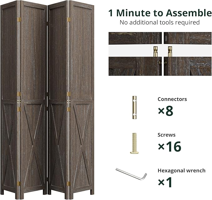 Cozy Castle Wood Room Divider, 4 Panels Folding Privacy Screen, 66.9'' Wall Divider, Barnwood Room Separator, Freestanding Partition, Temporary Wall for Decorative, Rustic Brown