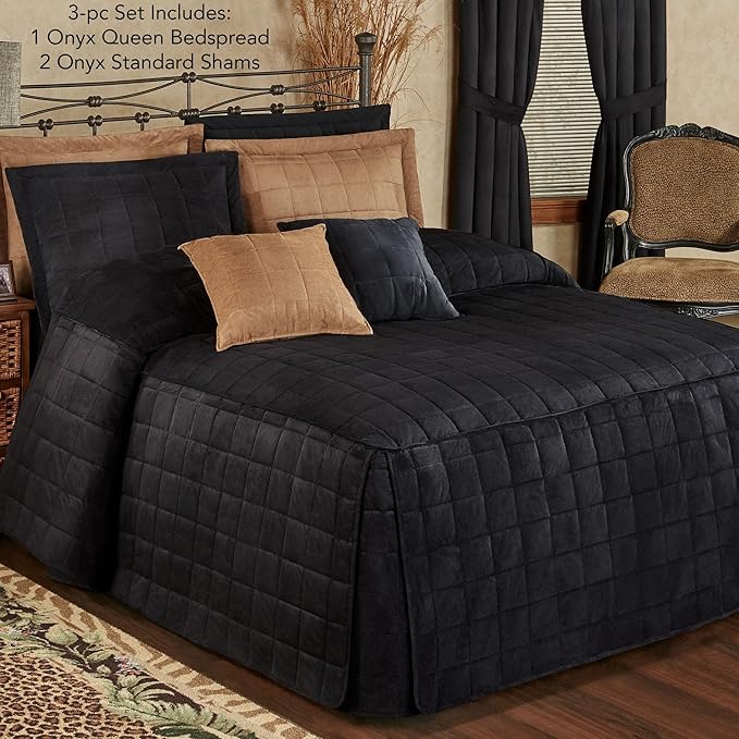 Touch of Class Camden Luxury Bedding | Neutral Onyx Black Color | Grande Fitted Bedspread | Faux Suede Box Quilted Design | Designed 3 Piece Set Includes Queen Bedspread and 2 Standard Shams
