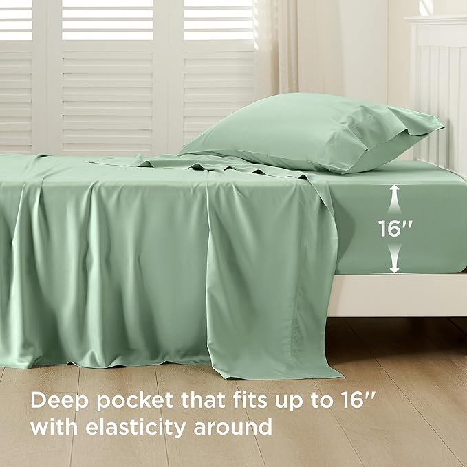 Bedsure Cooling Sheets Twin XL, Rayon Derived from Bamboo, Breathable & Soft Twin XL Sheet Sets, Deep Pocket Up to 16 Inches, Hotel Luxury Silky Dorm Bedding for Hot Sleepers, Sage Green