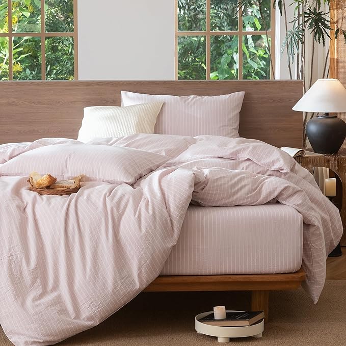 MooMee Striped Duvet Cover Set 100% Washed Cotton Linen Like Textured Breathable Durable Soft Comfy (Heathered Greyish Pink White Wide Stripes, Cal King 104"x98")