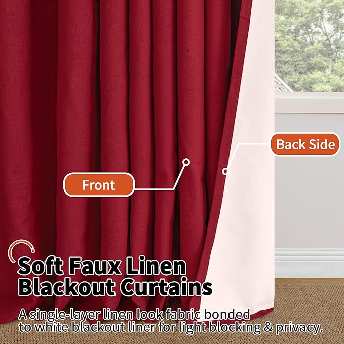 Linen Blackout Christmas Curtains - Red Thermal Insulated Curtains 90 Inch Long for Bedroom Living Room, Thick Heavy Light Blocking Energy Saving Soundproof Drapes Each 52x90 Inch 2 Panels