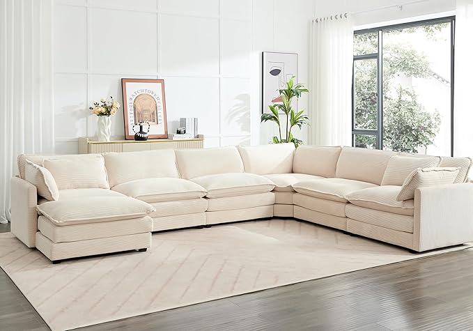 ROWHY 150'' Modular Sectional Cloud Couch, 7 Seater Corner Sofa Big Comfy Corduroy V Shaped Couch with 4 Throw Pillows, Convertible Chaise, Ottoman, Couches for Living Room Office Beige