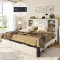 AMERLIFE King 47.2" H Bed Frame with Hidden Space Bookcase Headboard and Charging Station, Beds with 2 Storage Drawers and Wood Slats, No Box Spring Needed, White & Barnwood