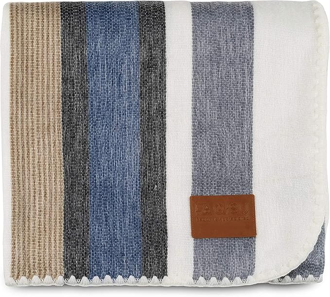 QISU Alpaca Wool Blanket Throw | Large, Beautiful, Warm, Stripe | 85 x 65 inches | Ultra-Soft, Hypoallergenic and Breathable | Non-Itchy or Scratchy Fabric (Brown Blue Grey White)