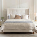 King Size Upholstered Bed Frame, 54" Tall Headboard Platform Bedframes with Nail Head Decorative Wingback, Hand Buttoned Tufting Headboard Beds/No Box Spring Needed/Minimalism, Ivory Velvet