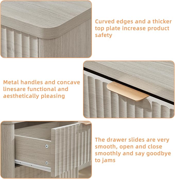 LEYAOYAO 23" Wide Fluted Night Stand with Charging Station, 3 Drawers Large End Table with Storage, LightGrey Nightstand Wood Bedside Tables, Farmhouse Cabinet Dresser for Bedroom, Closet