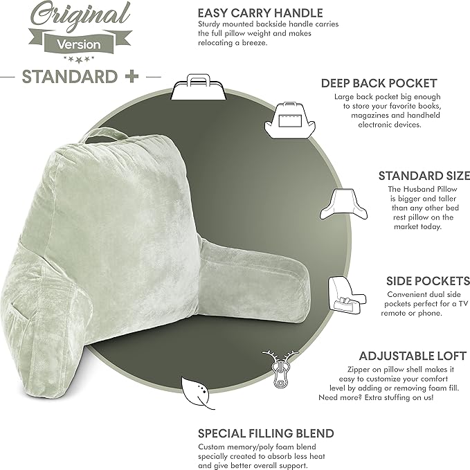 Husband Pillow Desert Sage, Original Reading Pillow in Bed Rest Chair, Shredded Memory Foam Large Lounge Cushion Adult Backrest with Arms, Comfy Back Support for Sit Sitting Up, Wash/Removable Cover