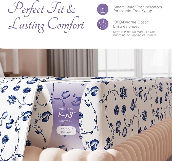 Carressa Linen 100% Egyptian Cotton Printed Bed Sheets - 600 Thread Count 4 PC Full Sheet Set, Hotel Luxury Sateen Bedsheets, 16" Deep Pocket Soft Cooling Sheets for Full Size Bed - Floral Blue