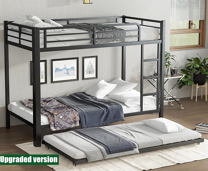 TSAMPA Latest Upgraded & Stronger Metal Bunk Bed Twin XL Over Twin XL Size, More Stable & Safer Steel Heavy Duty Bunkbed Frame with Twin Size Trundle