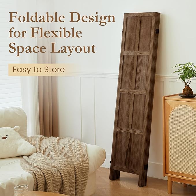 4 Panel Room Divider, 5.6Ft Wood Room Dividers and Folding Privacy Screens, Room Divider Wall Freestanding Room Partitions, Room Dividers Screen for Home Office Bedroom, Dark Brown